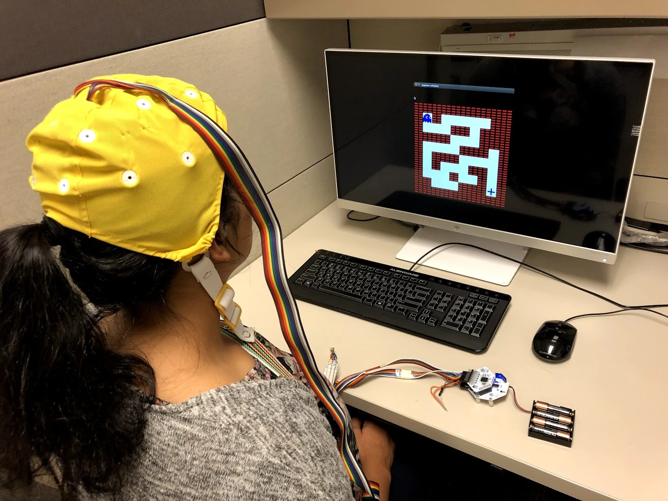 A person wearing an EEG cap watches an agent play a maze game on a monitor while their brain signals are recorded