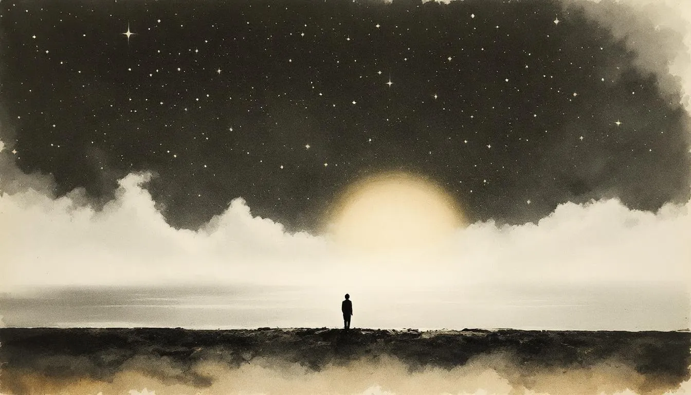 A lone figure in silhouette on a dark shore, facing a soft sun rising through low cloud beneath a full field of stars