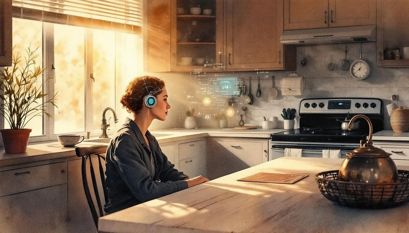 A 2036 Tuesday morning scene, brain-computer interfaces woven into ordinary domestic life