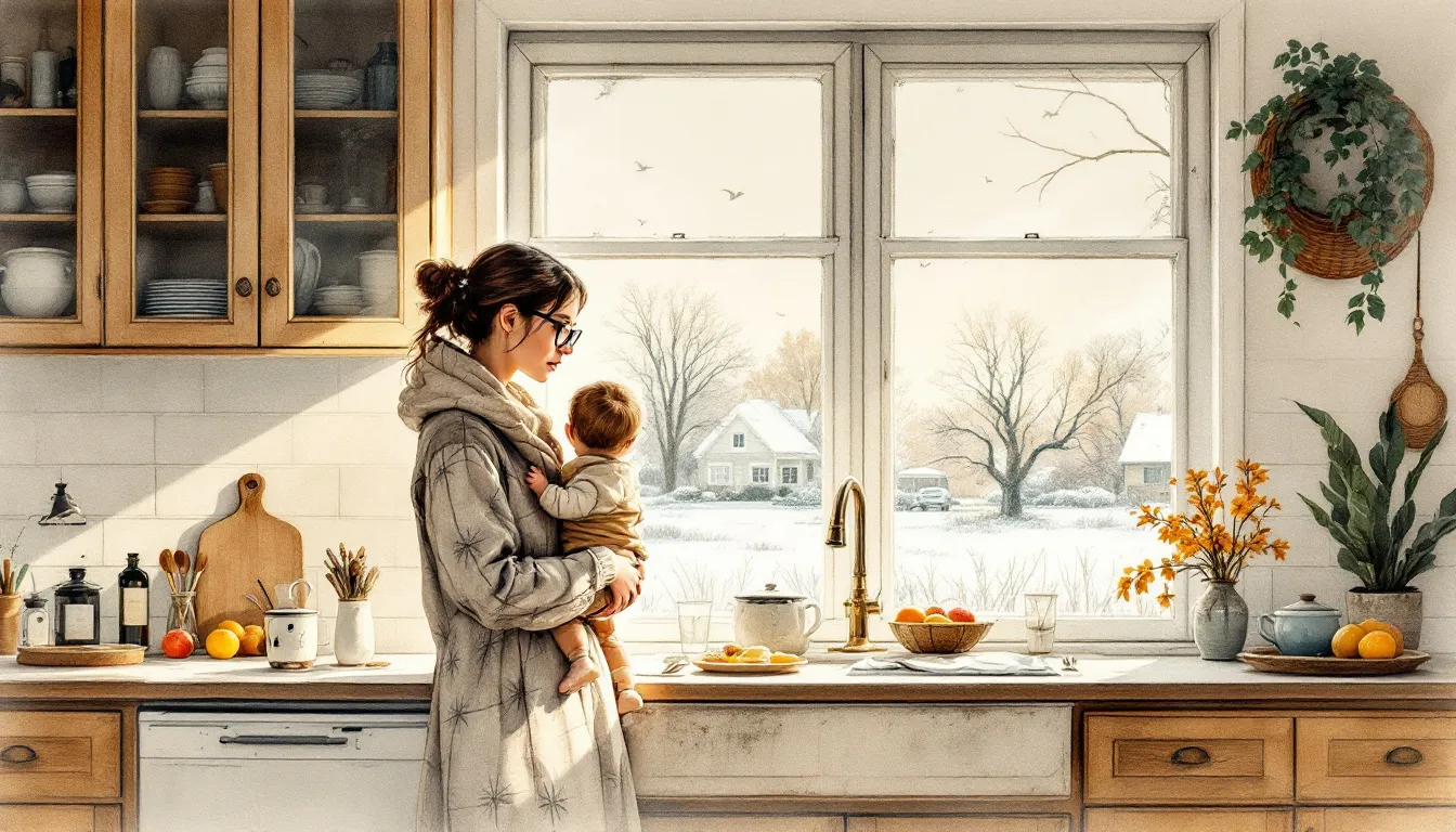 A quiet watercolor morning kitchen in 2031: a mother with a toddler on her hip reads through slim glasses while breakfast waits on the counter and frost lies beyond the window