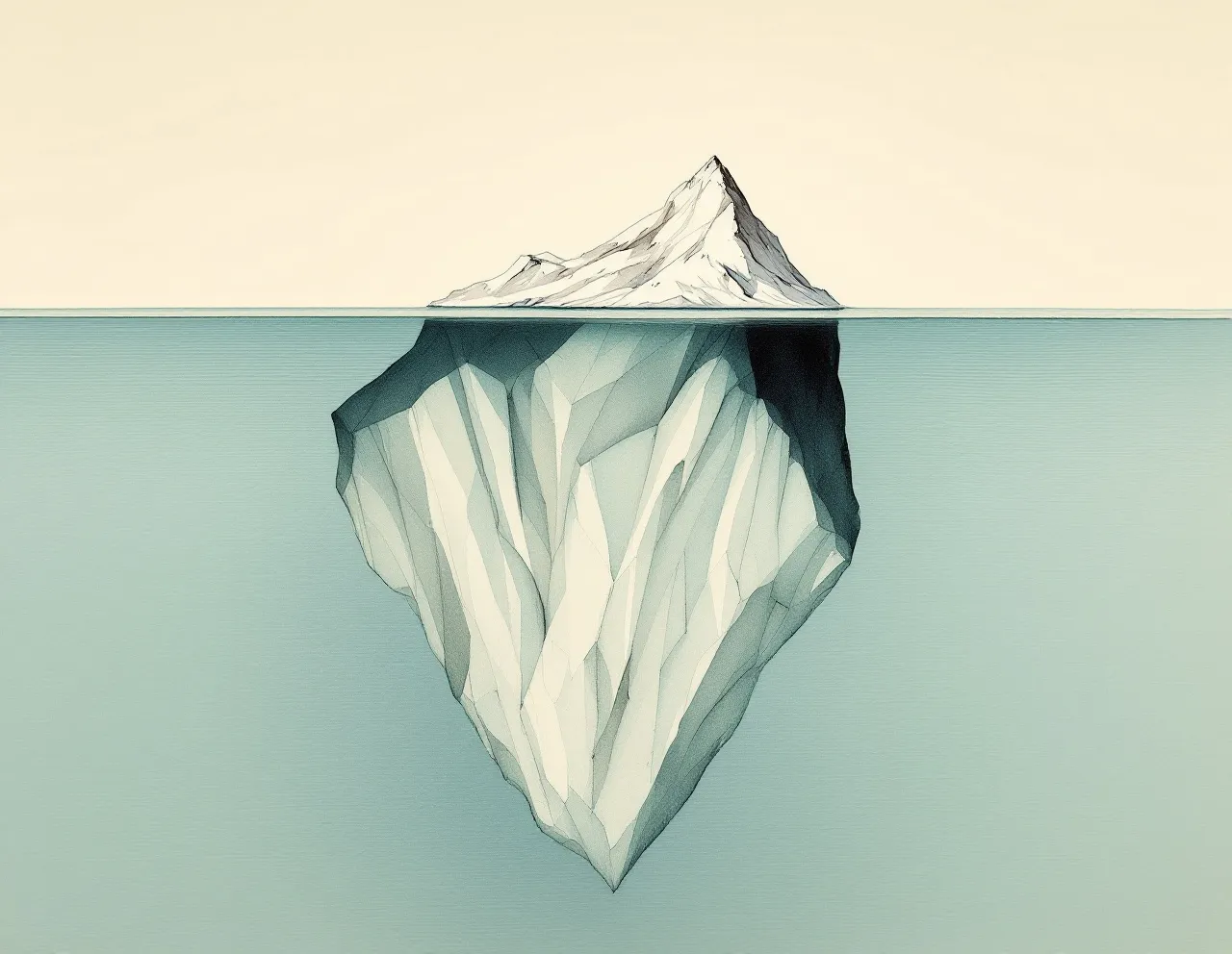 Painted plate: an iceberg crossing a calm waterline under a cream sky, a small pointed tip above the surface and a vast faceted body below it filling most of the frame