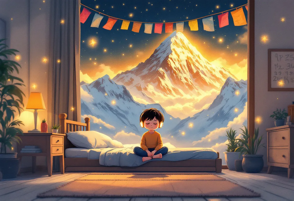 A child in their bedroom as the far wall dissolves into the summit of Everest, prayer flags overhead and light drifting between the two worlds