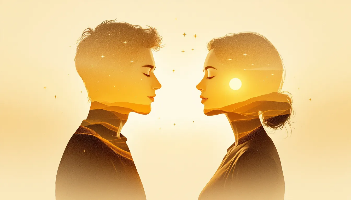 A double-exposure of two minds set apart, a glowing structure of thought streaming across the gap from one to the other