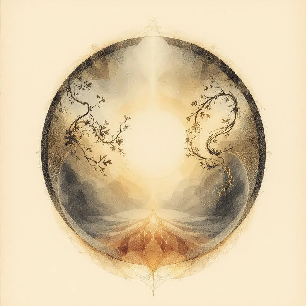 The Aftermath cartouche: a circular medallion holding a misty valley lit from behind, two bare branches curving in from either side