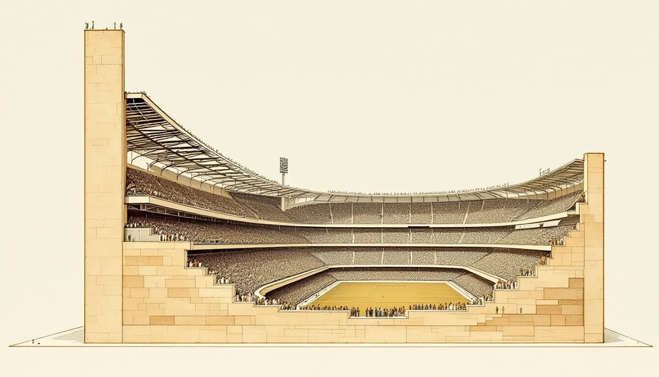 Cross-section of a stadium: a microphone outside the wall (non-invasive), one embedded in the wall (semi-invasive), and one deep in the crowd (fully invasive)